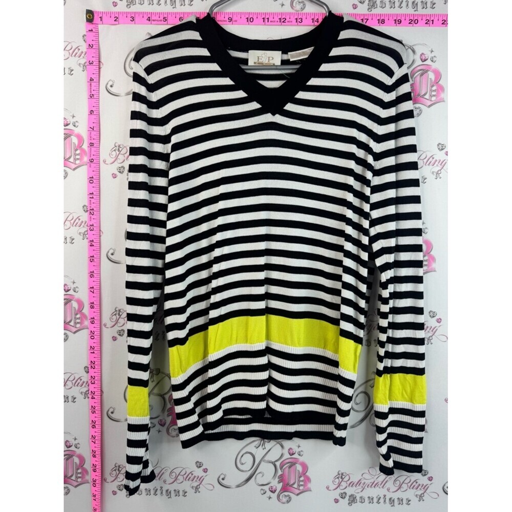 EP Pro long sleeve Black White Striped V-Neck Sweater with Neon Yellow Accent